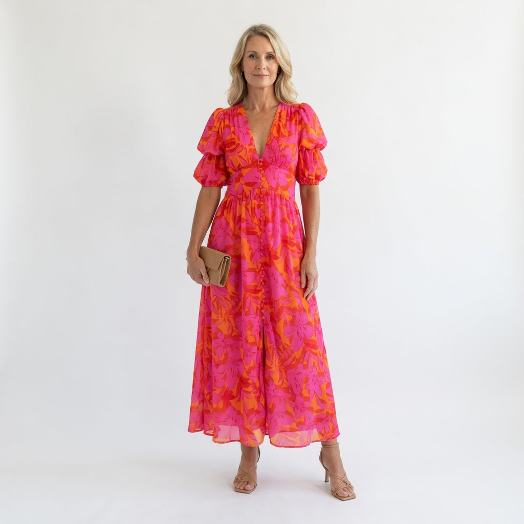 Willow | Robe Midi à Manches Bouffantes et Col V Floral