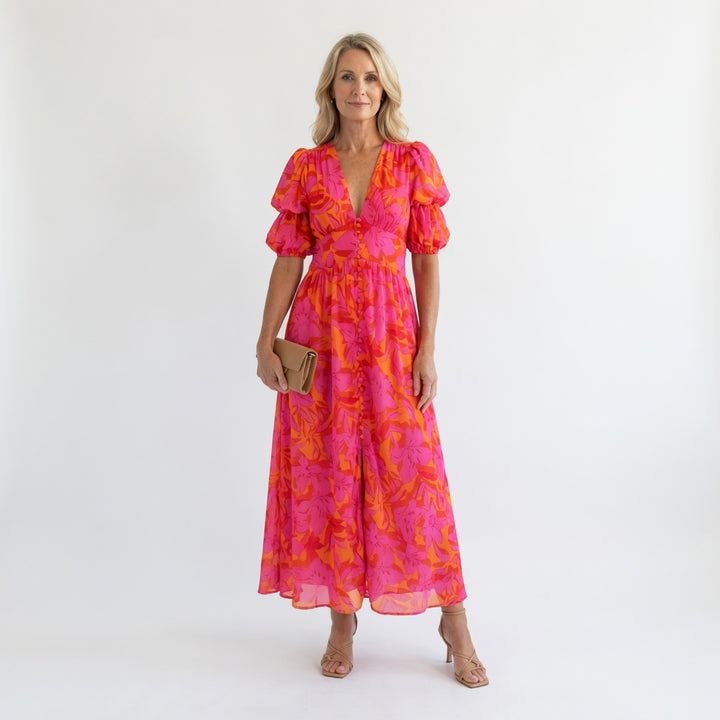 Willow | Robe Midi à Manches Bouffantes et Col V Floral