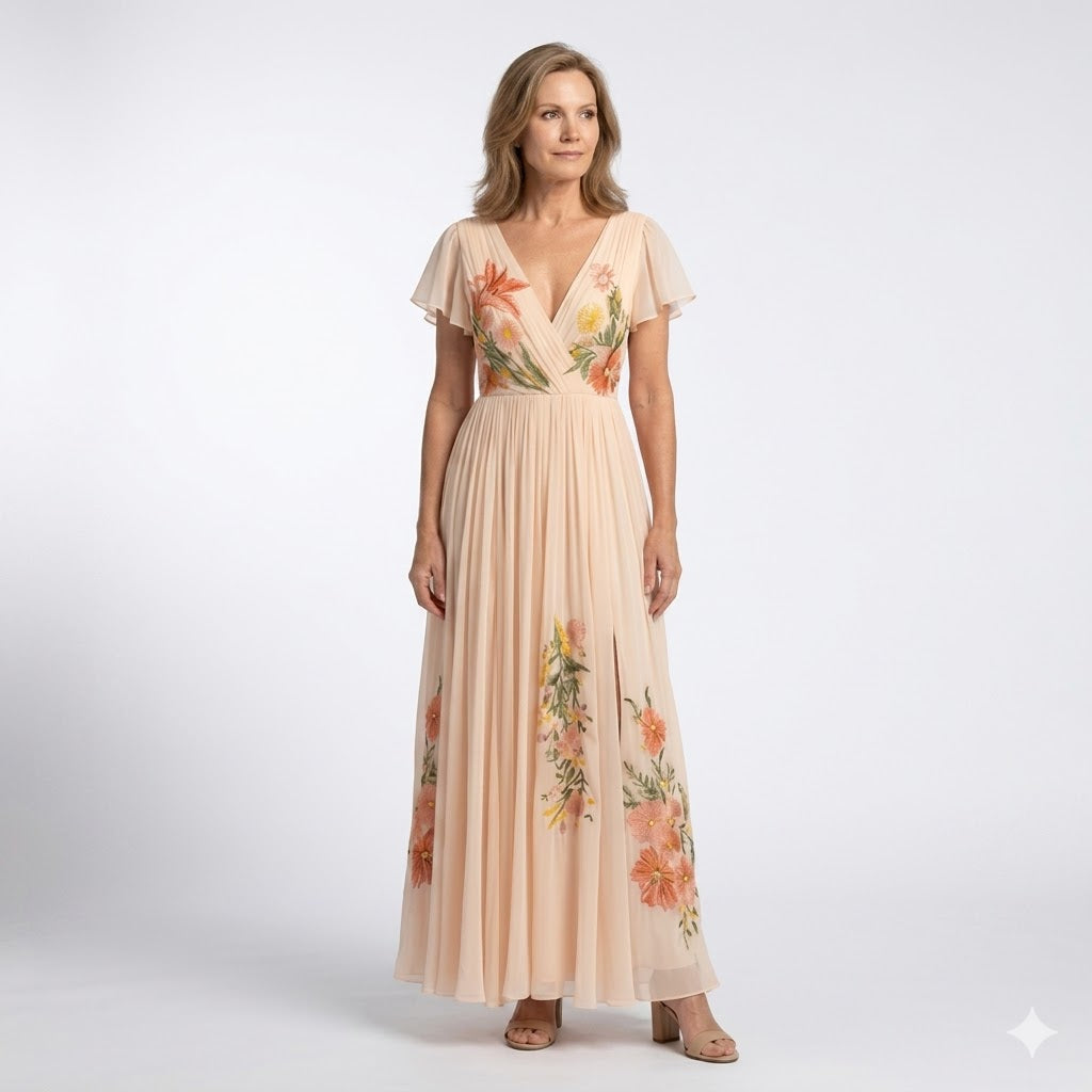 Calista | Robe Maxi Florale Plissée à Manches Courtes en V