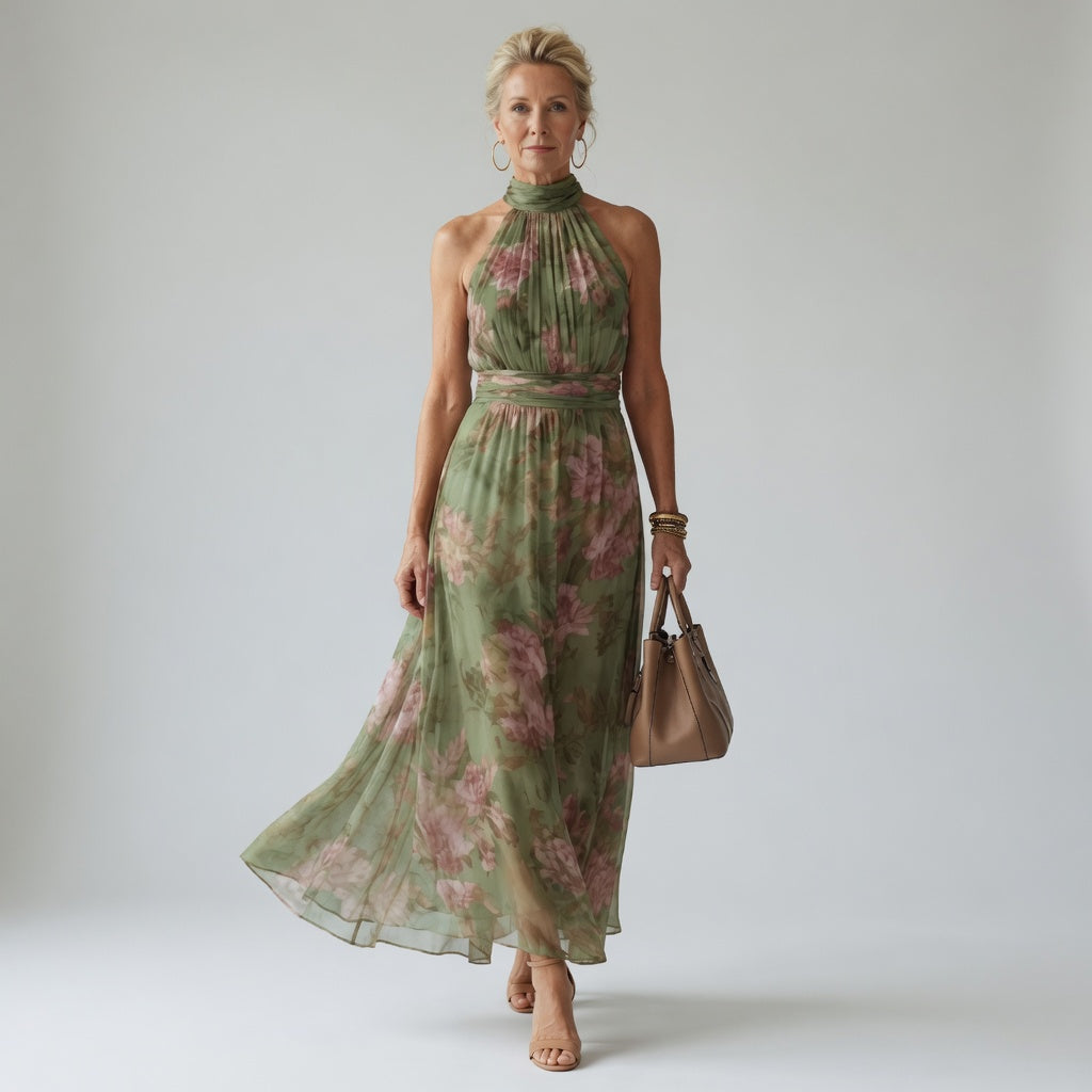 Mireille | Robe Midi à Encolure Halter Froncée
