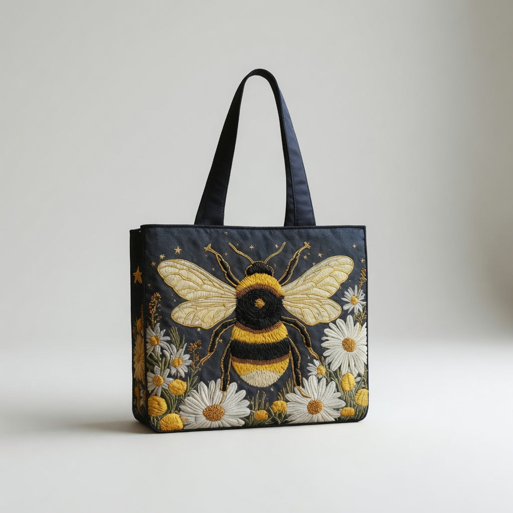 Sac Tote Artisan - Abeille avec Marguerites et Étoiles