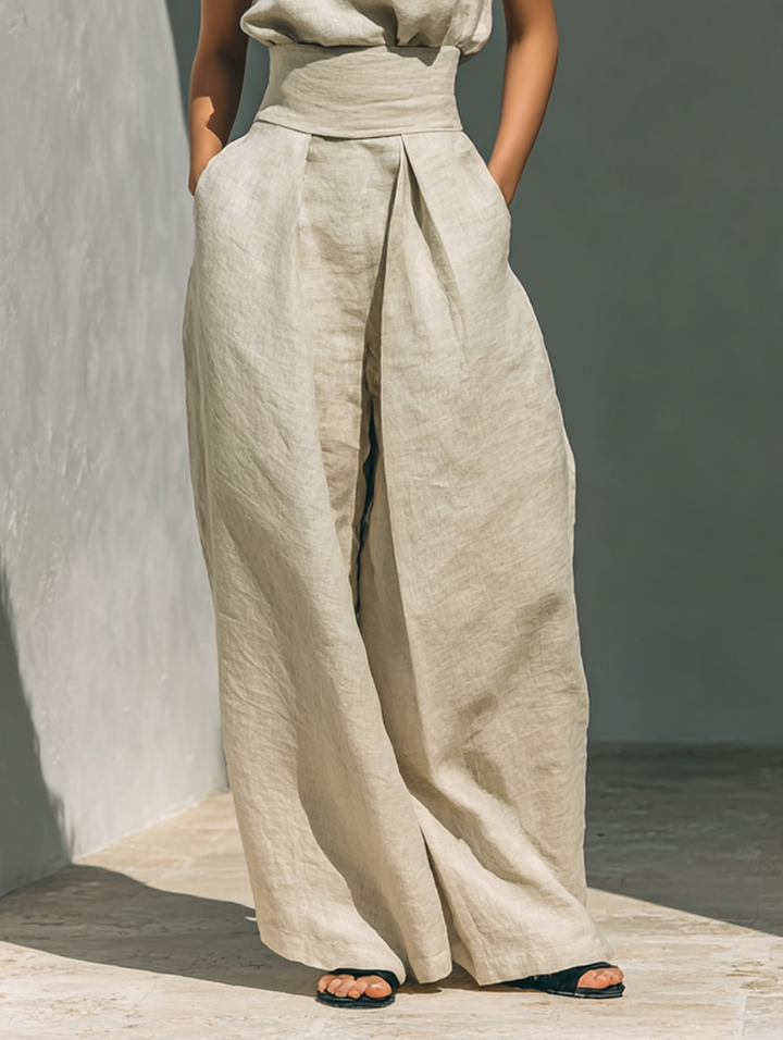 Maria™ | Ensemble complet avec top à col montant et pantalons larges en coton et lin