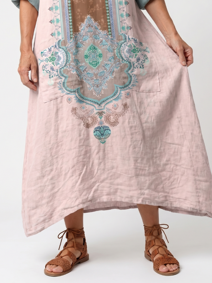 Kenza | Robe Midi Décontractée à Empiècement Brodé avec Poches