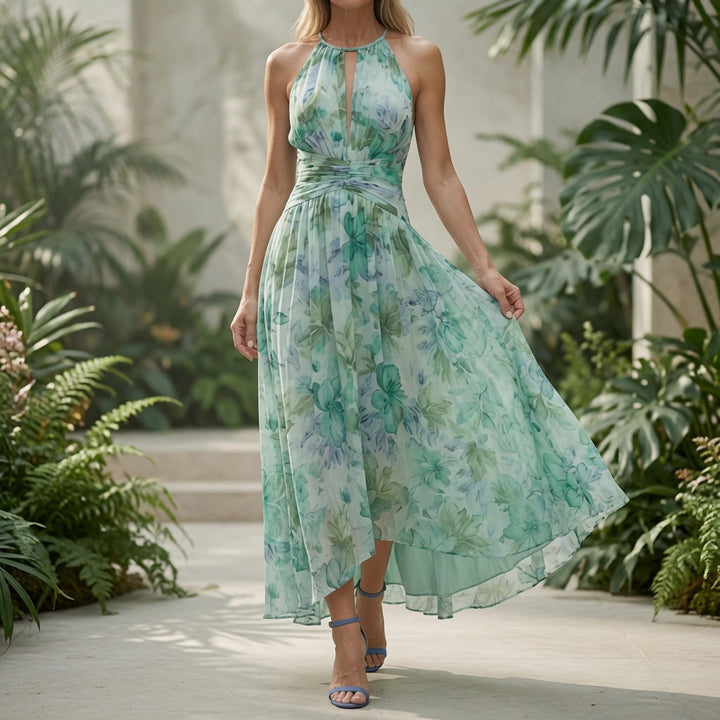 Robe Midi Portia en Crêpe Plissé avec Col Halter et Imprimé Floral