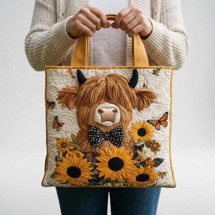 Sac Tote Artisan - Vache des Highlands avec Tournesols