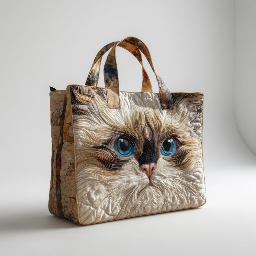 Sac Tote Artisan - Chat Blanc aux Yeux Bleus