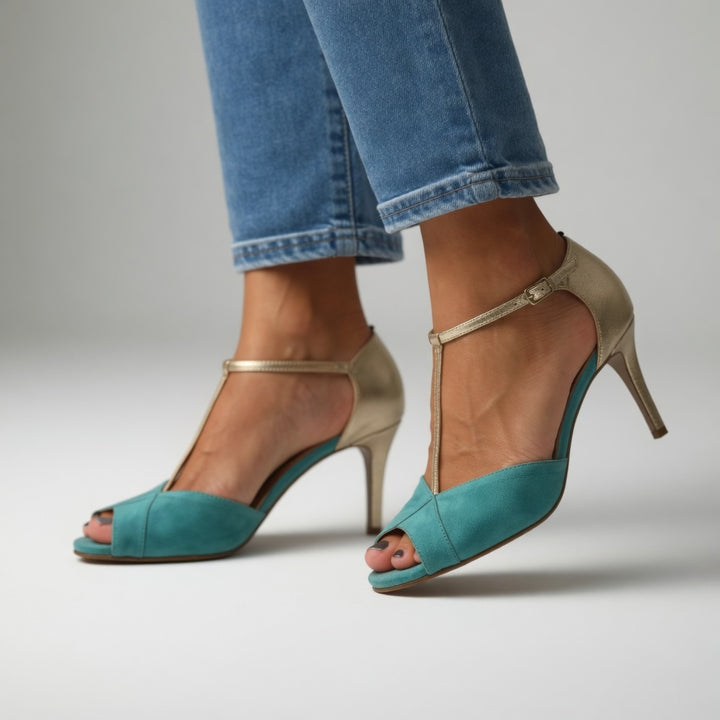 Roksana™ — Sandale talon aiguille bicolore turquoise doré élégance vibrante