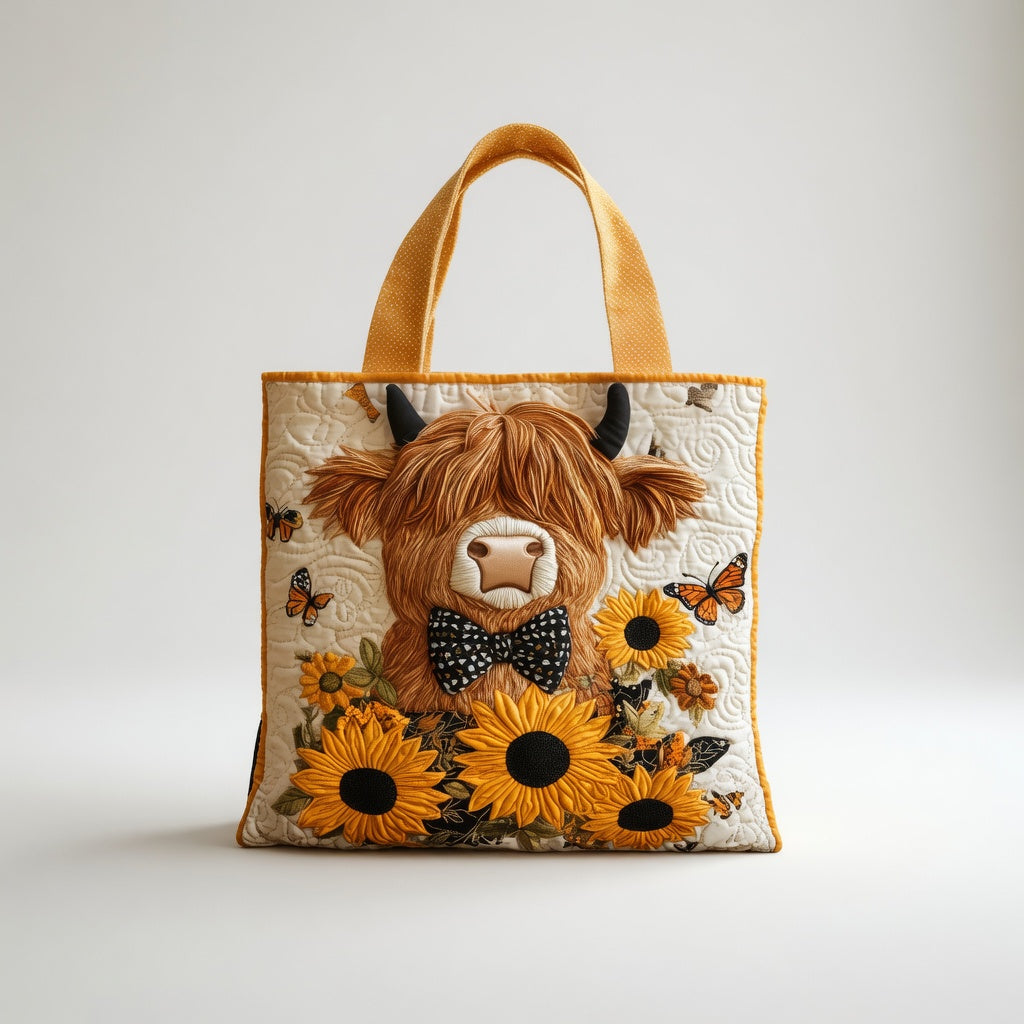 Sac Tote Artisan - Vache des Highlands avec Tournesols