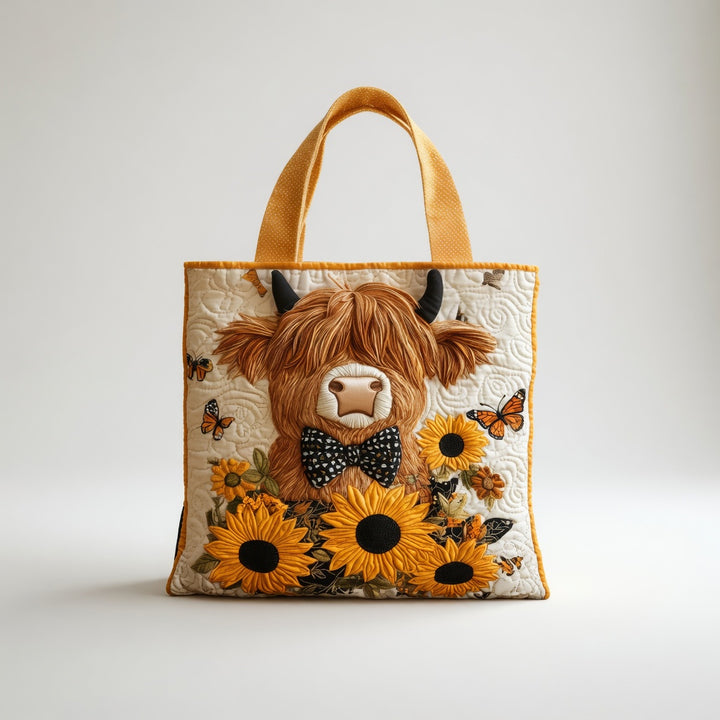 Sac Tote Artisan - Vache des Highlands avec Tournesols