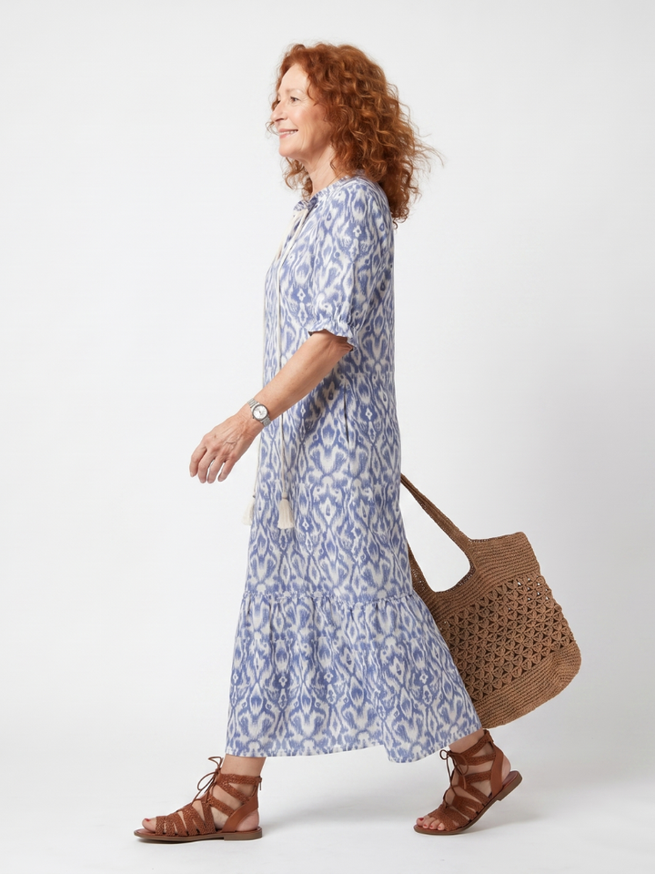 Ottoline | Robe Midi Imprimée à Col Noué avec Pompons