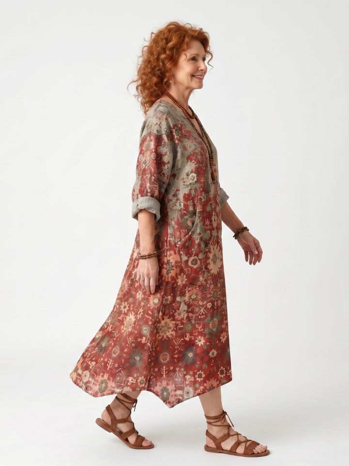 Saffron | Robe Midi Décontractée Motif Mixte avec Poches