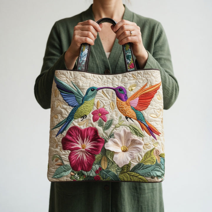 Sac Tote Artisan - Colibri et Fleurs Blanches