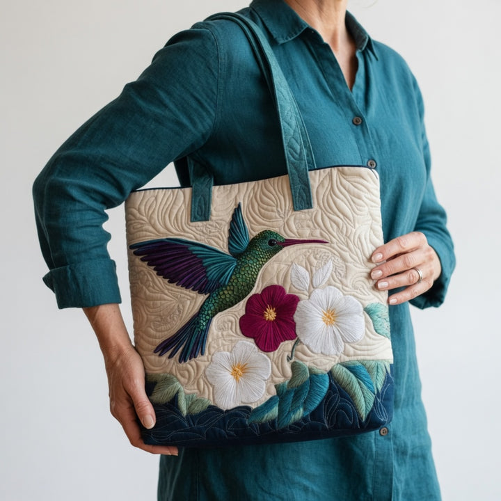 Sac Tote Artisan - Colibri et Fleur Blanche
