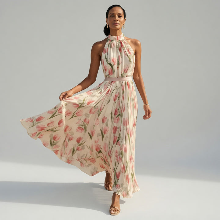 Aurelle | Robe Midi à Col Halter à Fleurs
