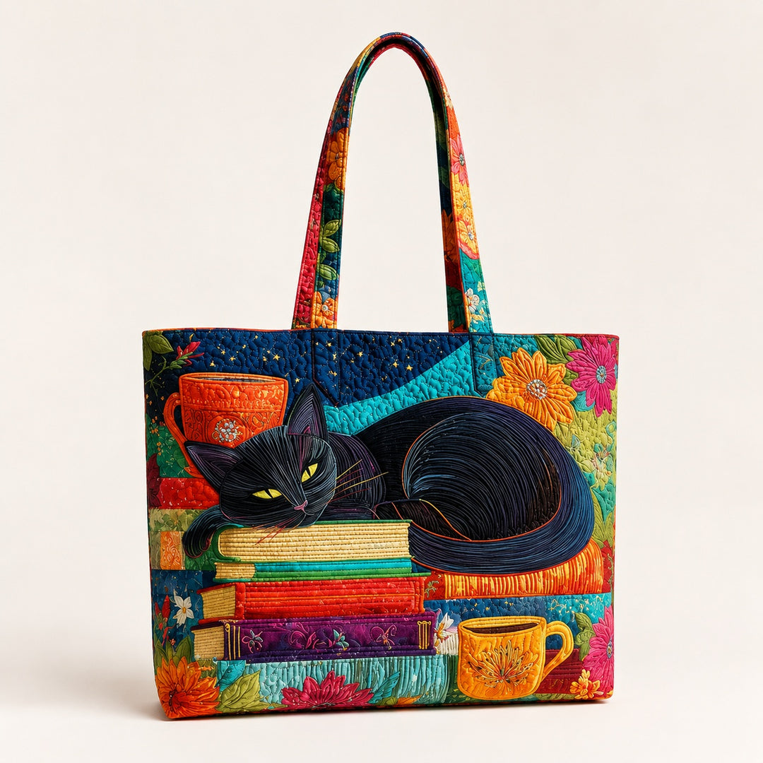 Sac Tote Artisan - Chat Noir avec Livres et Tasses