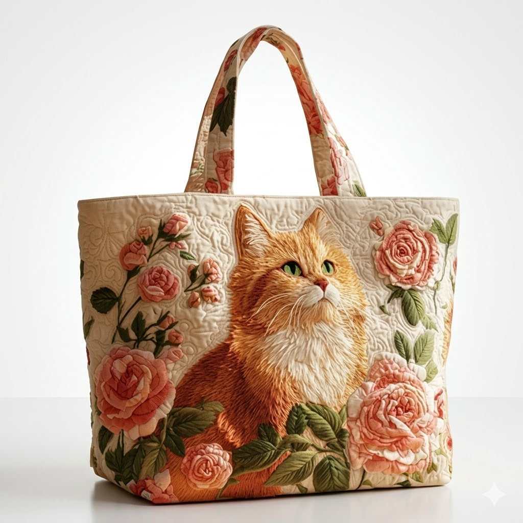 Sac Tote Artisan - Chat Gingembre avec Roses