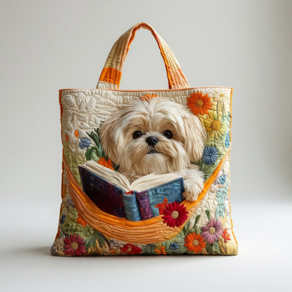Sac Tote Artisan - Shih Tzu avec Livres et Fleurs