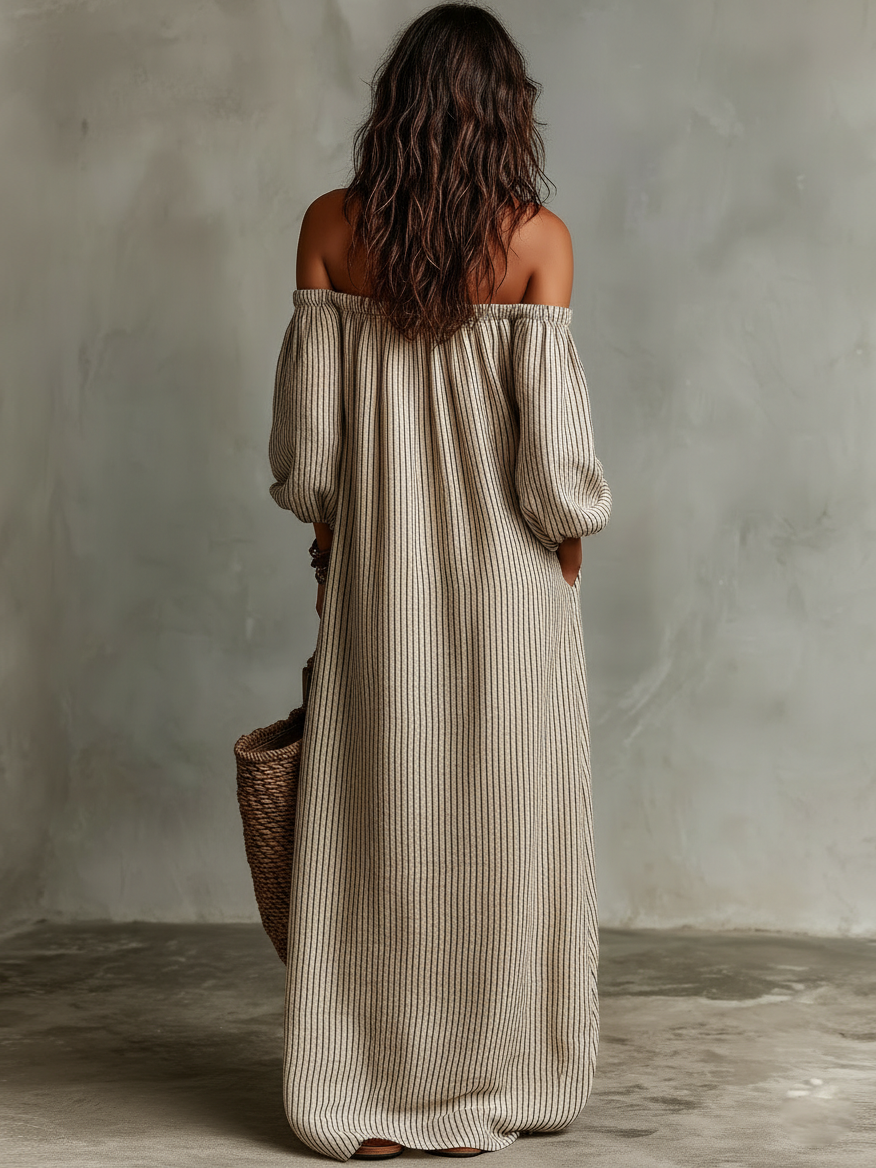Carmen | Robe longue en coton et lin avec design off-the-shoulder