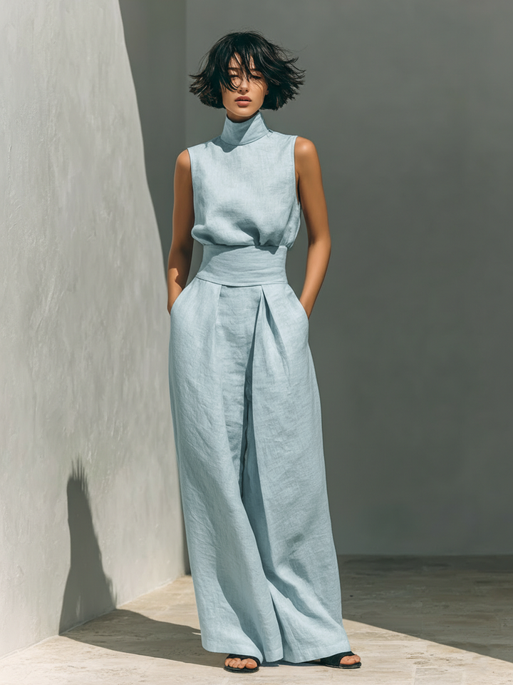 Maria™ | Ensemble complet avec top à col montant et pantalons larges en coton et lin
