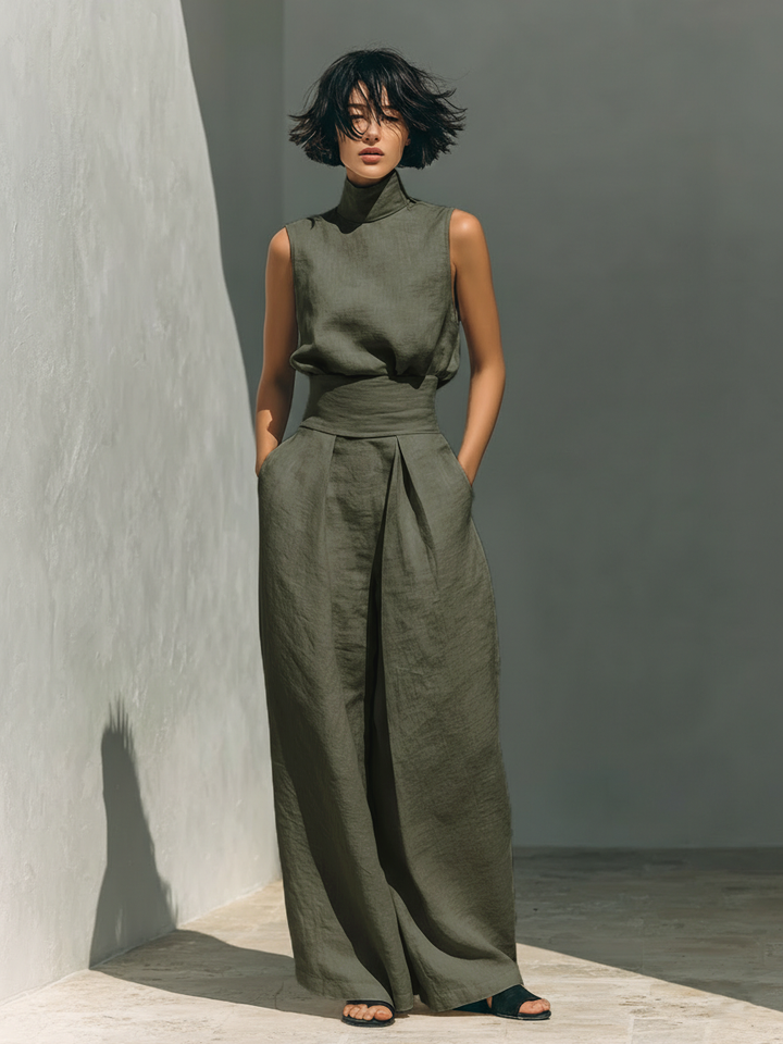 Maria™ | Ensemble complet avec top à col montant et pantalons larges en coton et lin