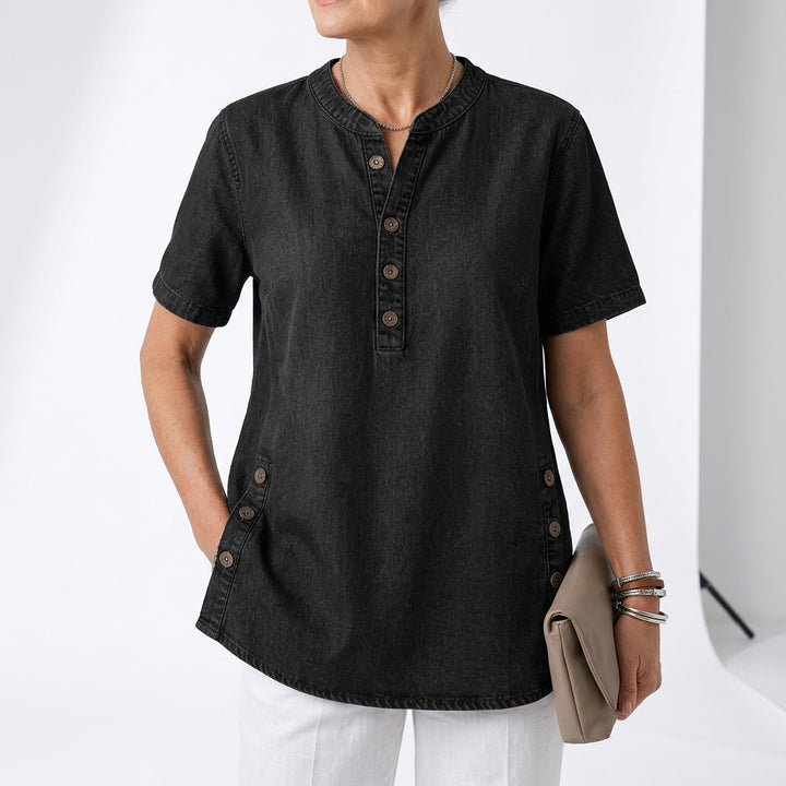 Denimelle™ — Haut effet denim col henley fentes latérales