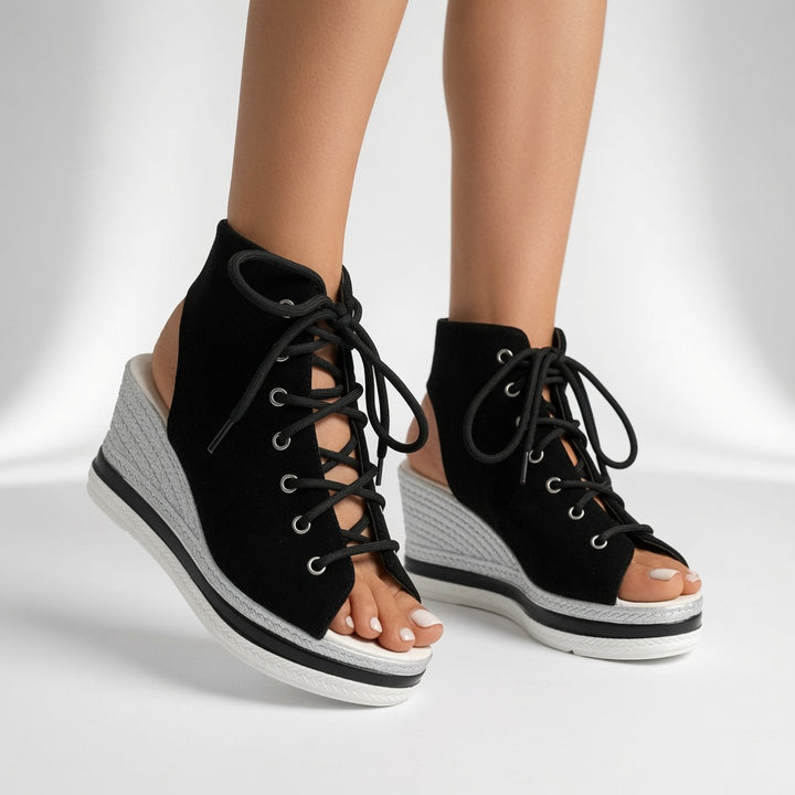 Lacéoline™ — Sneaker compensée bout ouvert lacets urbaine
