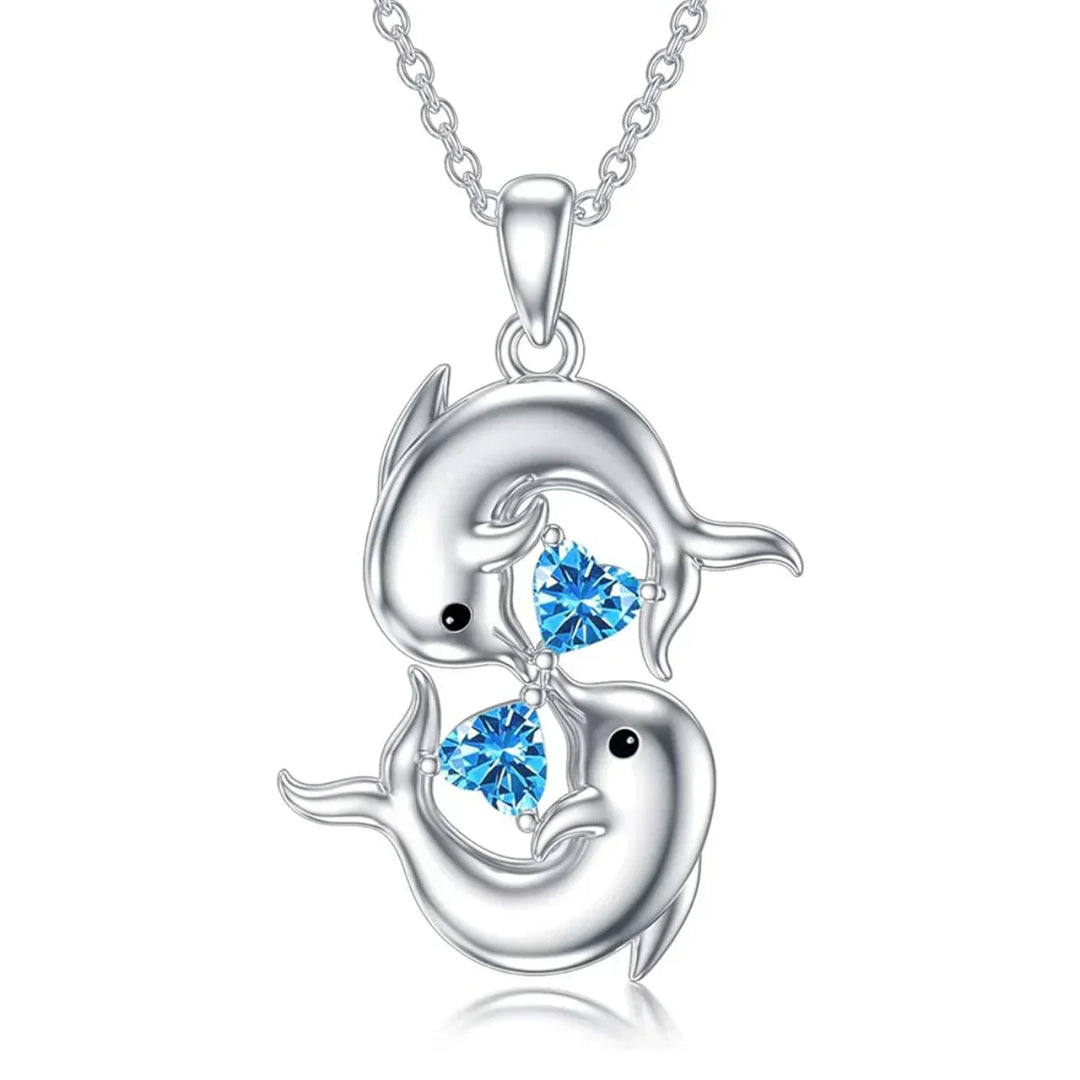 Silver Dolphin Blue Crystal Necklace