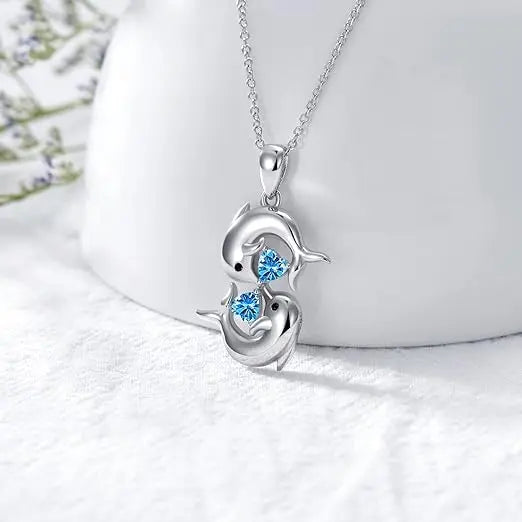 Silver Dolphin Blue Crystal Necklace