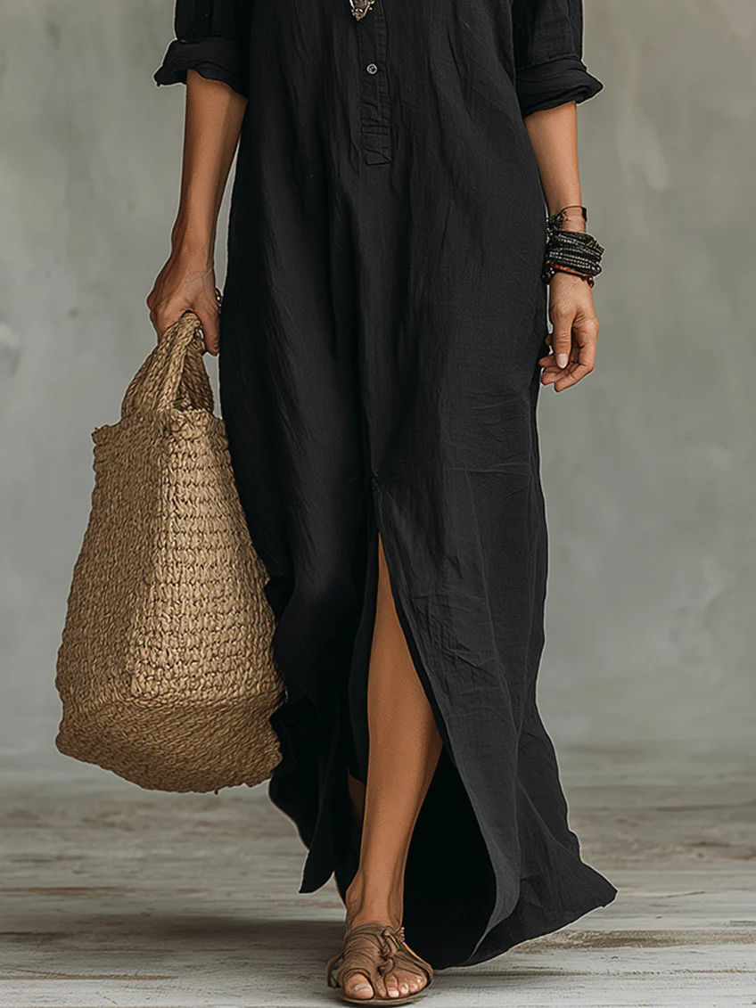 Soline™ | Robe Maxi Noire Longue avec Boutons