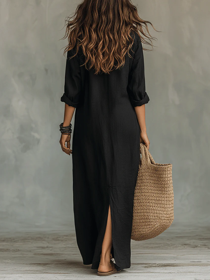 Soline™ | Robe Maxi Noire Longue avec Boutons