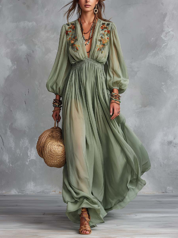 Élodine™ | Robe Maxi Bohémienne avec Imprimé Floral