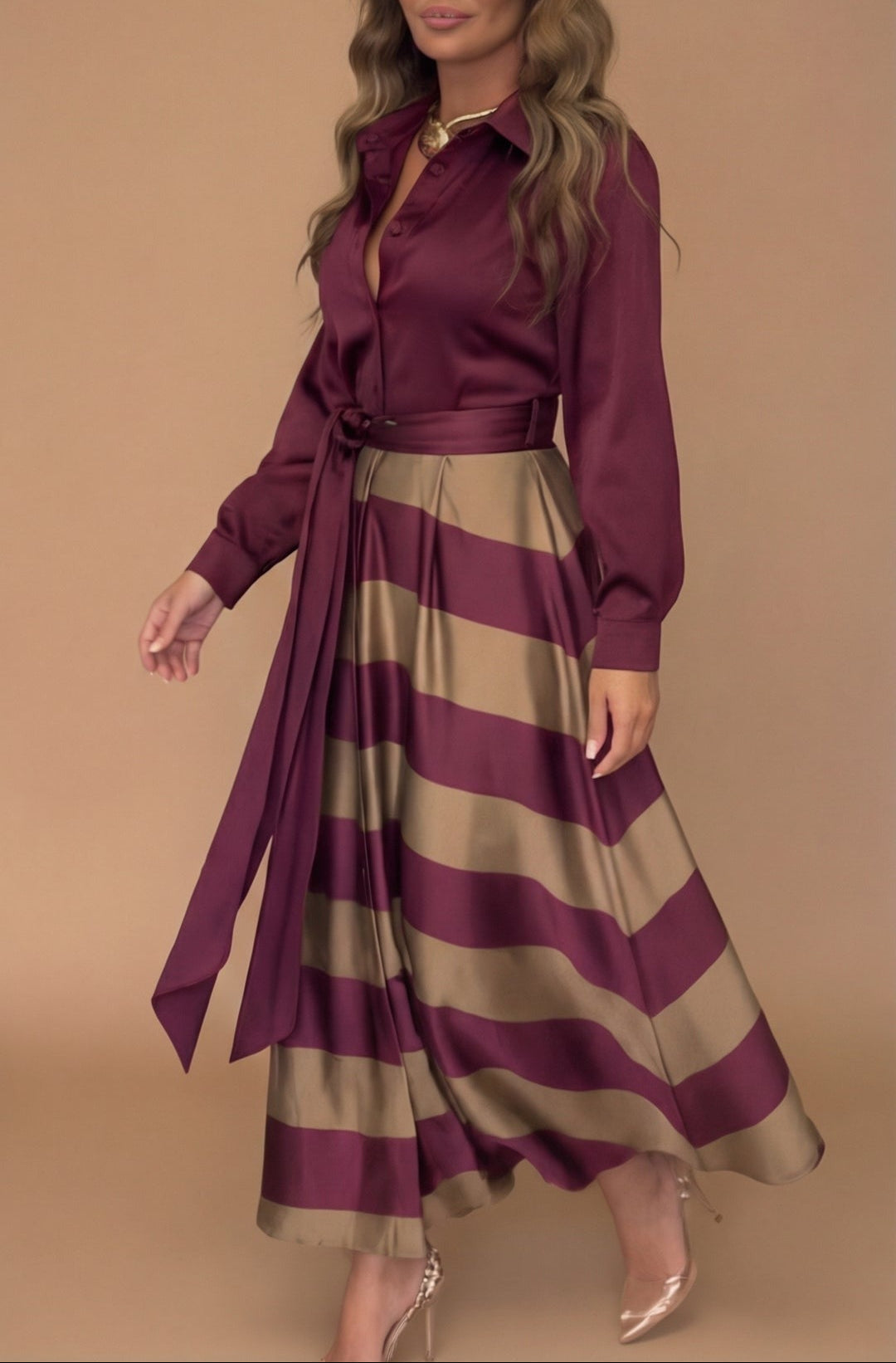 Mila™ - Robe Longue Rayée avec Dentelle