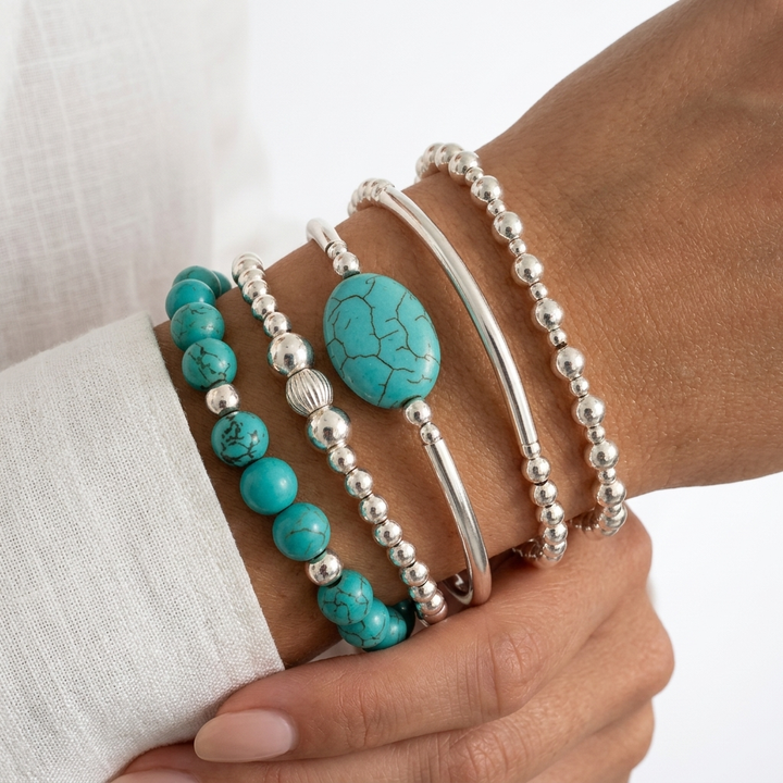 Turquéline™ — Set bracelets perles turquoise argenté bohème