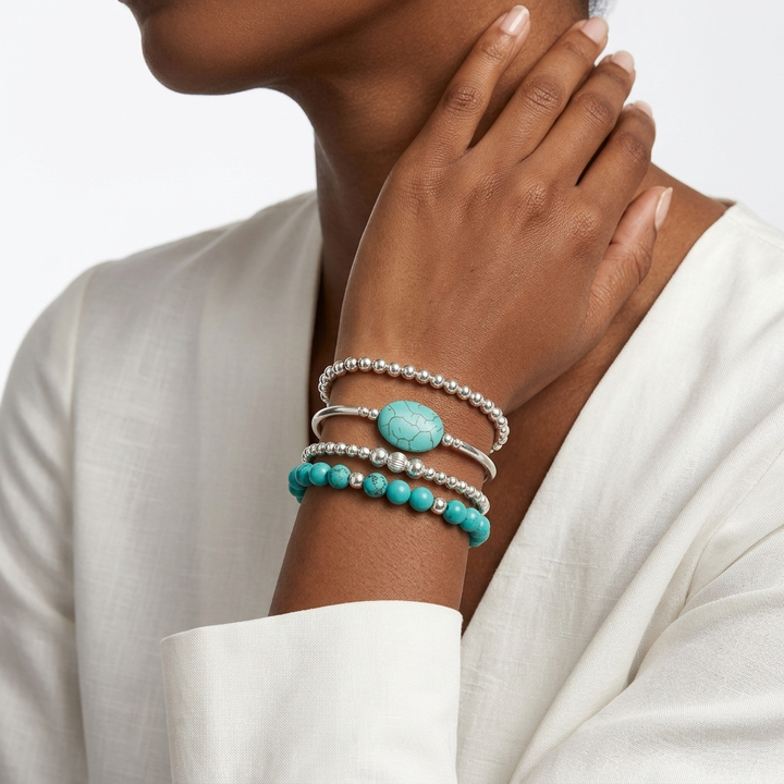 Turquéline™ — Set bracelets perles turquoise argenté bohème