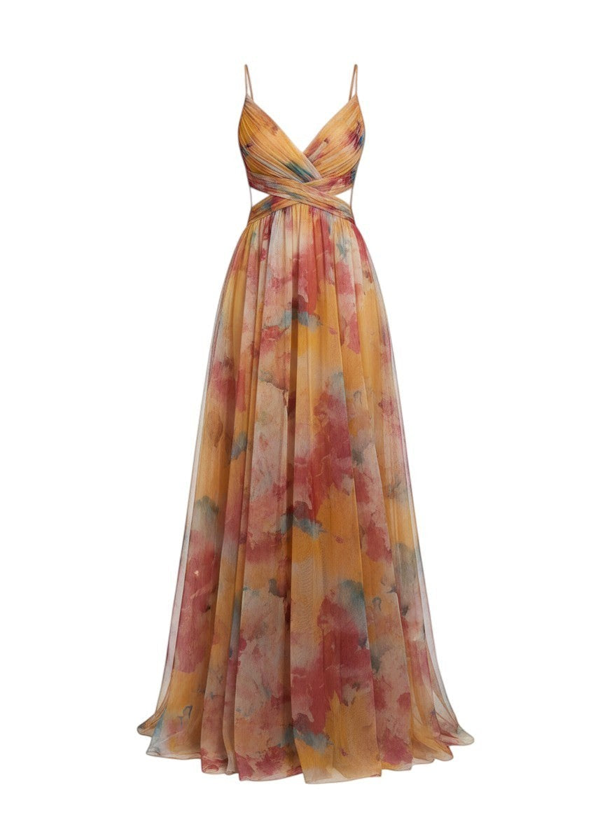 Maison Amélie Paris Émilienne artistic floral print maxi dress with flowing silhouette and spaghetti straps.