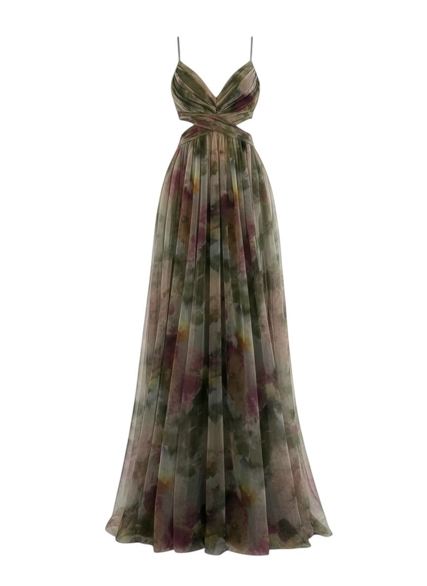 Maison Amélie Paris Émilienne artistic floral print maxi dress with cutout waist and flowing skirt.