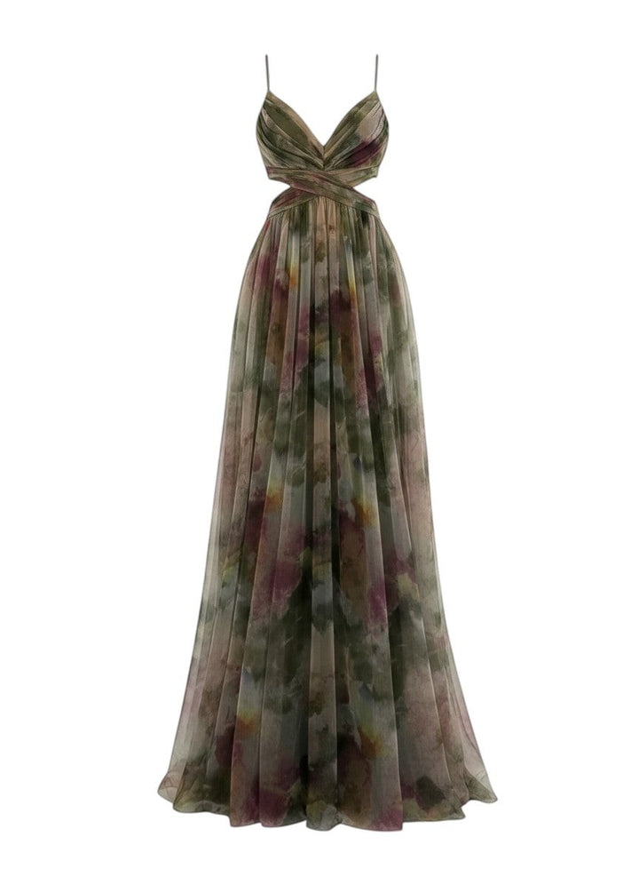 Maison Amélie Paris Émilienne artistic floral print maxi dress with cutout waist and flowing skirt.