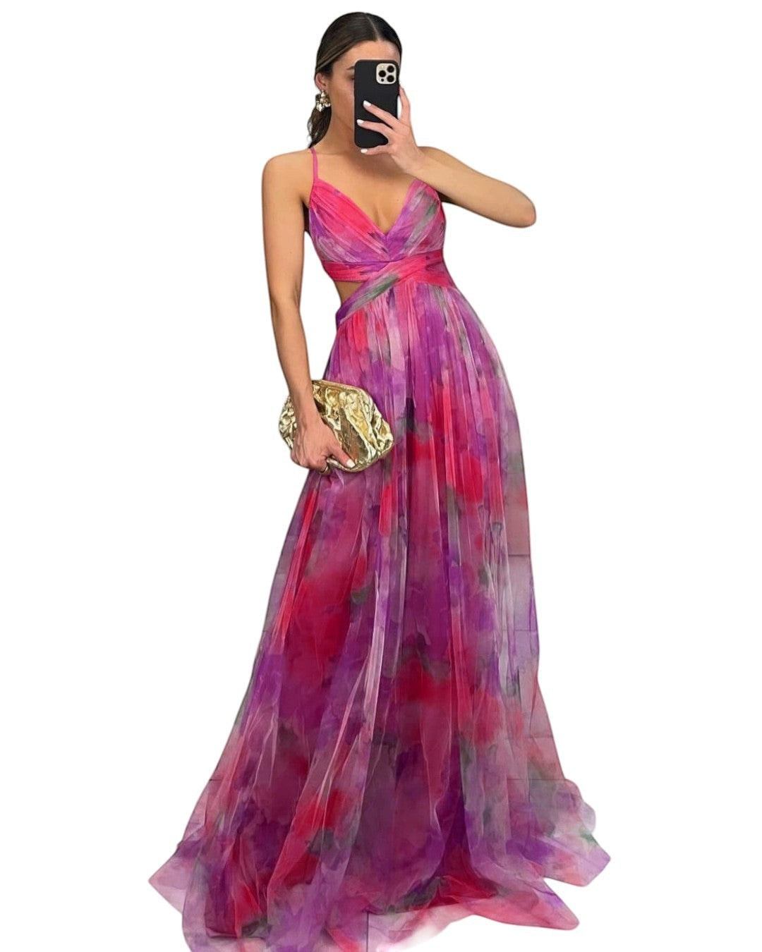 Maison Amélie Paris Émilienne long artistic dress with vibrant pink and purple floral print, flowing chiffon fabric, and cutout detail.