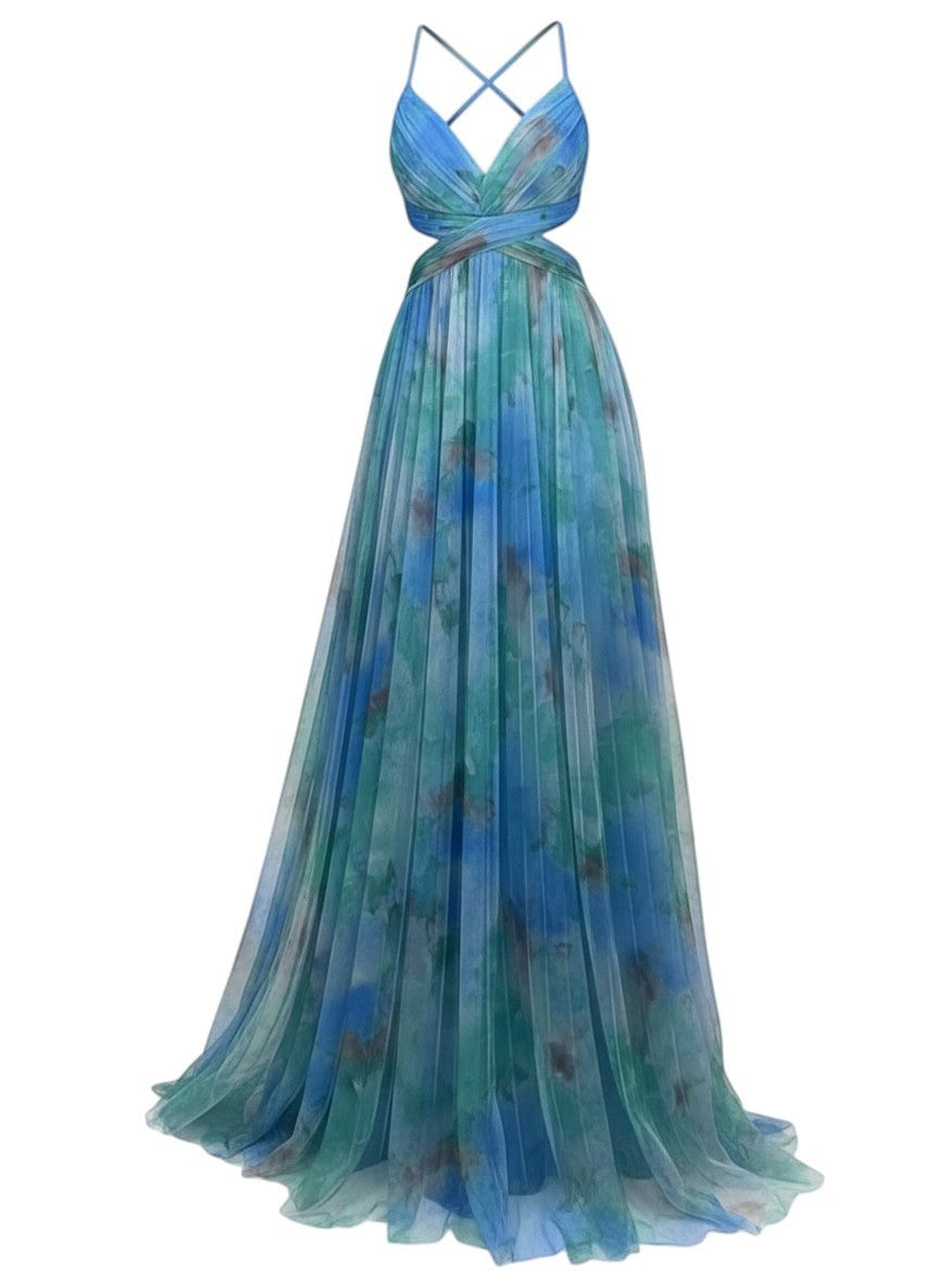 Maison Amélie Paris Émilienne long flowing artistic dress in blue and green watercolor print, with cutout waist and V-neck.