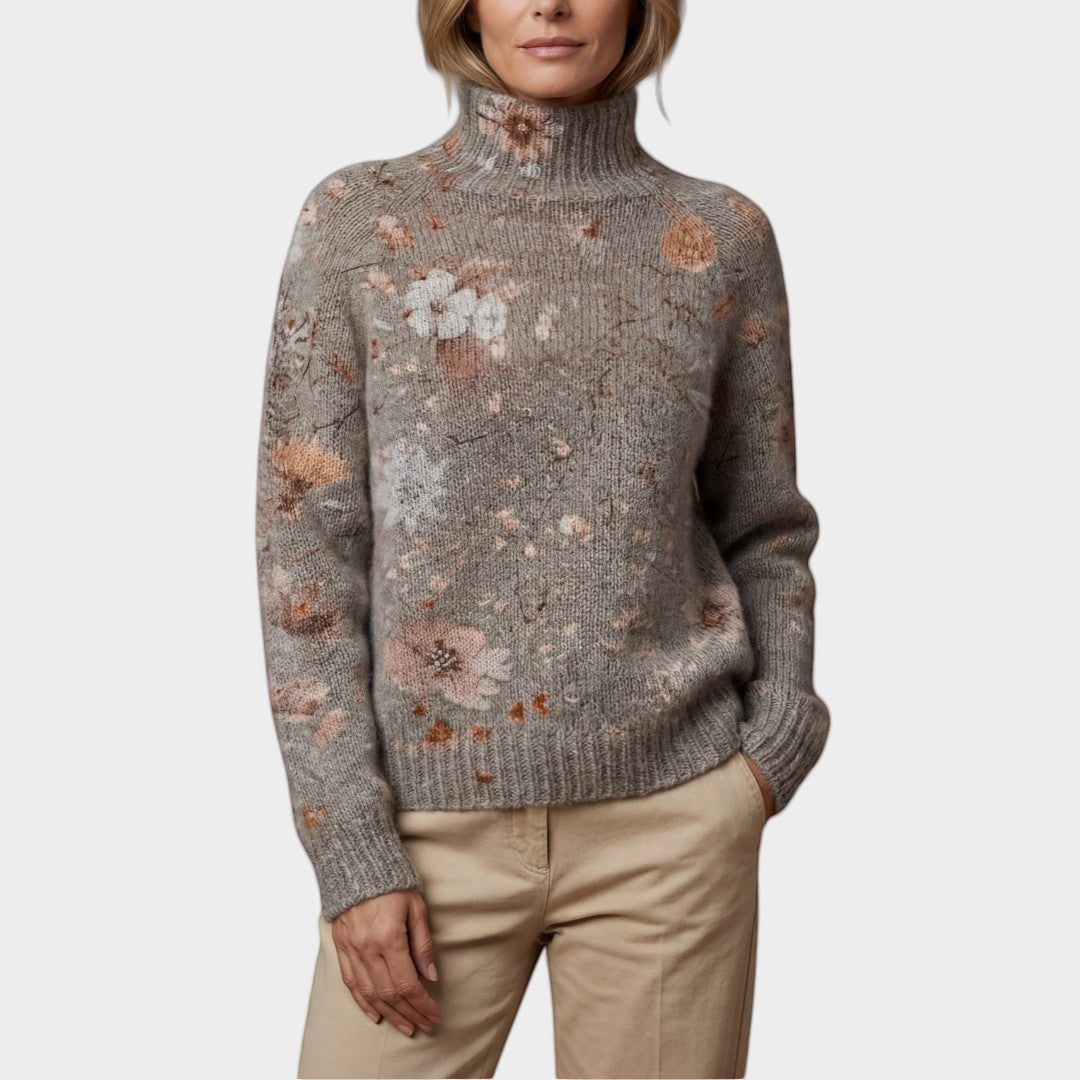 Maison Amélie Paris grey knit turtleneck sweater with a delicate floral print and ribbed cuffs and hem.