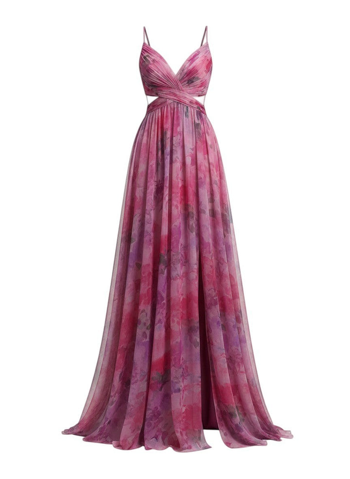 Maison Amélie Paris Émilienne long artistic dress in pink and purple watercolor print, flowing chiffon, V-neck, cut-out waist.