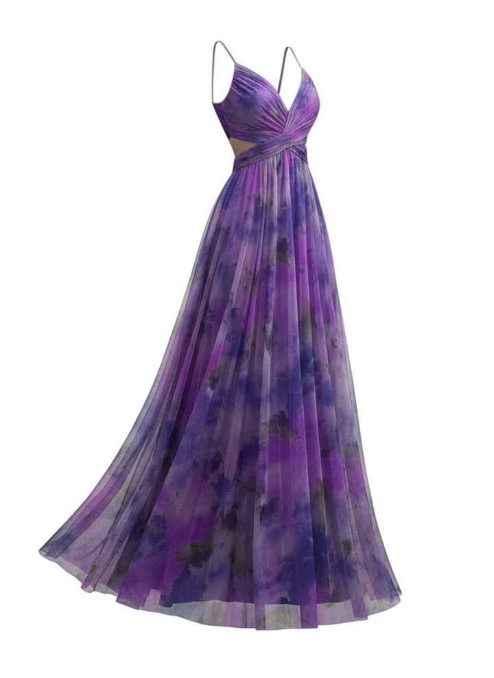 Maison Amélie Paris Émilienne long artistic dress in purple watercolor print, flowing chiffon, V-neck, and cut-out waist.