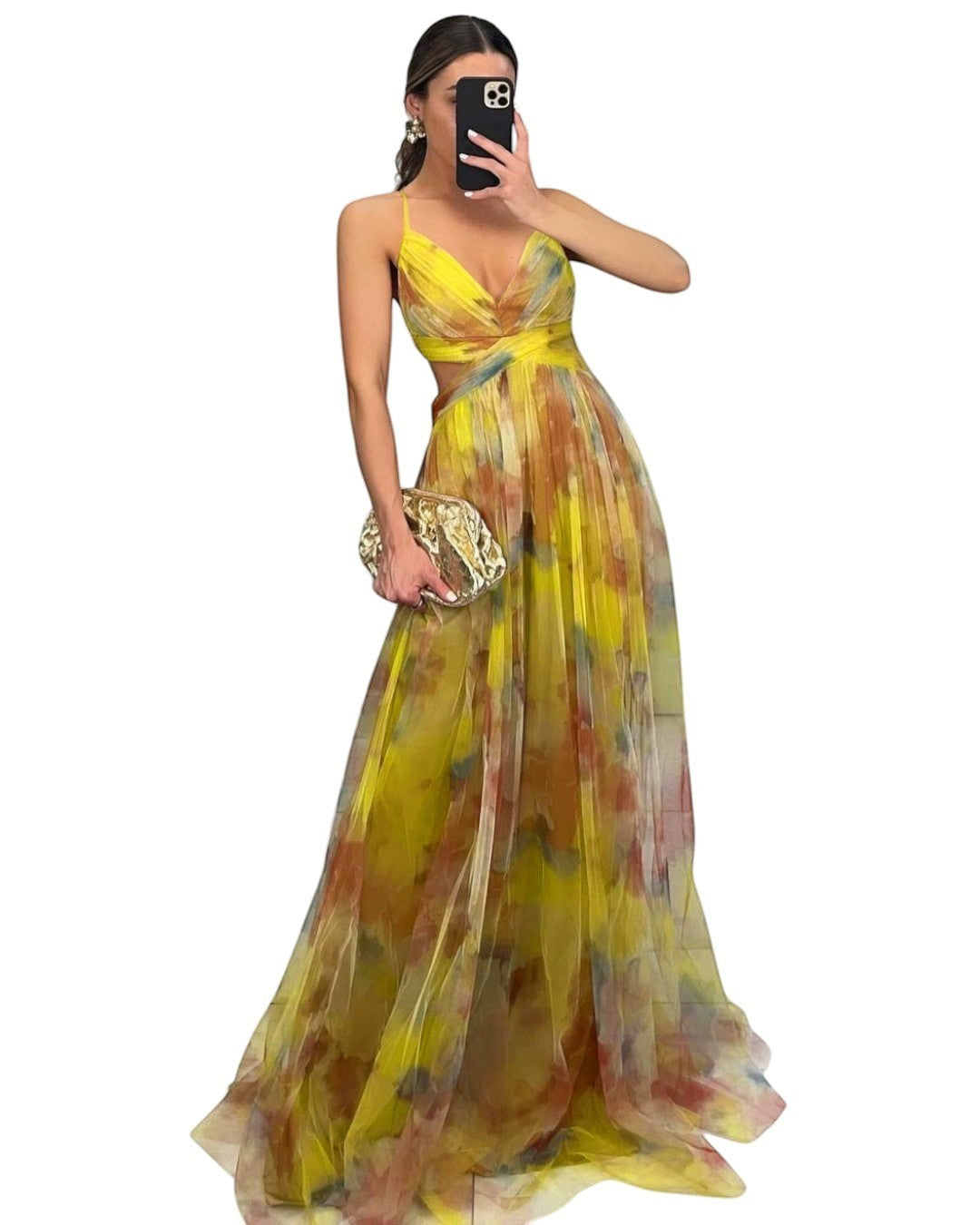 Maison Amélie Paris yellow artistic floral print flowing maxi dress with cut-out detail and V-neck.